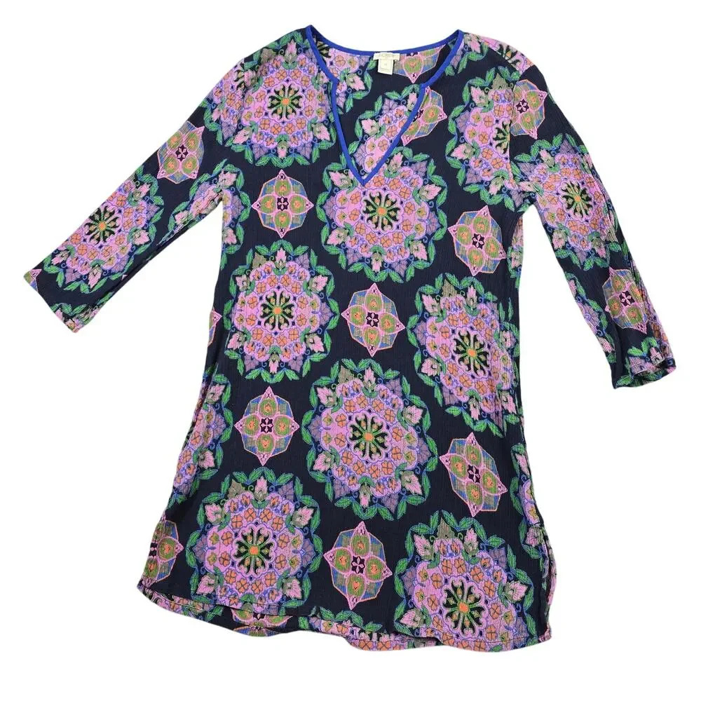 J. Crew Tissue Crinkle Tunic Blouse Women's XS Floral V-Neck Hippie 70s Retro
